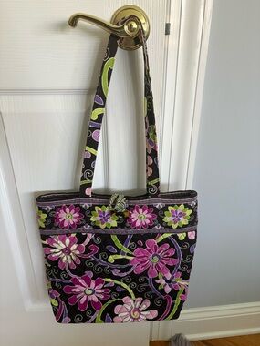 Vera Bradley Black Quilted Tote with Pink & Green Floral Print